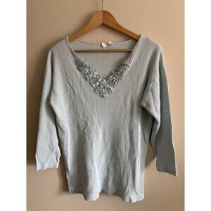 Victoria’s Secret Vintage 90s Blue Shirt PJ Top Size Large Waffle Knit Ribbon